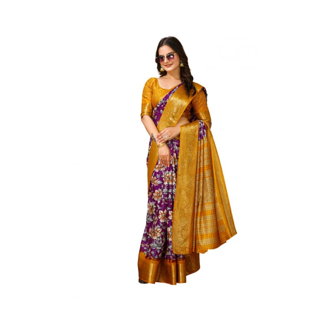 Generic Women's Soft Dola Cotton Kalamkari Printed Saree With Unstitched Blouse 5.5Mtr (Purple) Main image