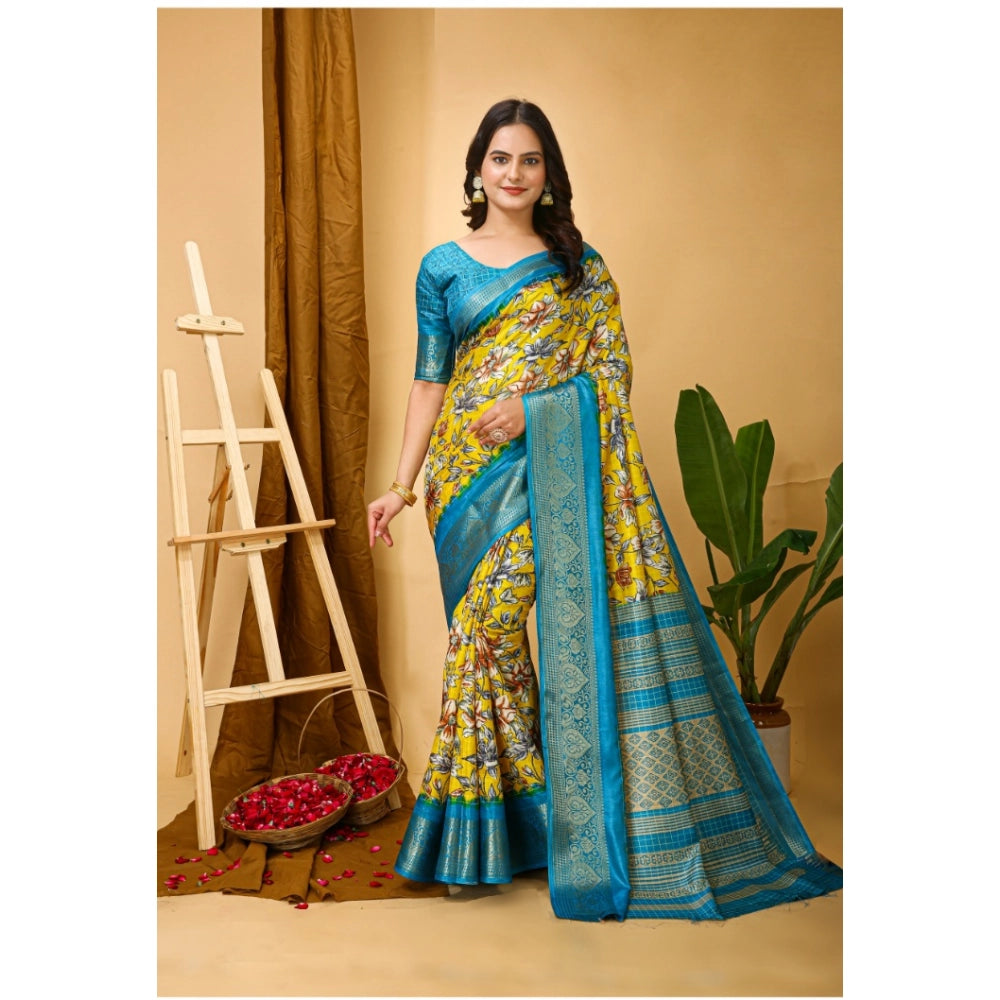 Generic Women's Soft Dola Cotton Kalamkari Printed Saree With Unstitched Blouse 5.5Mtr (Yellow) Secondary image