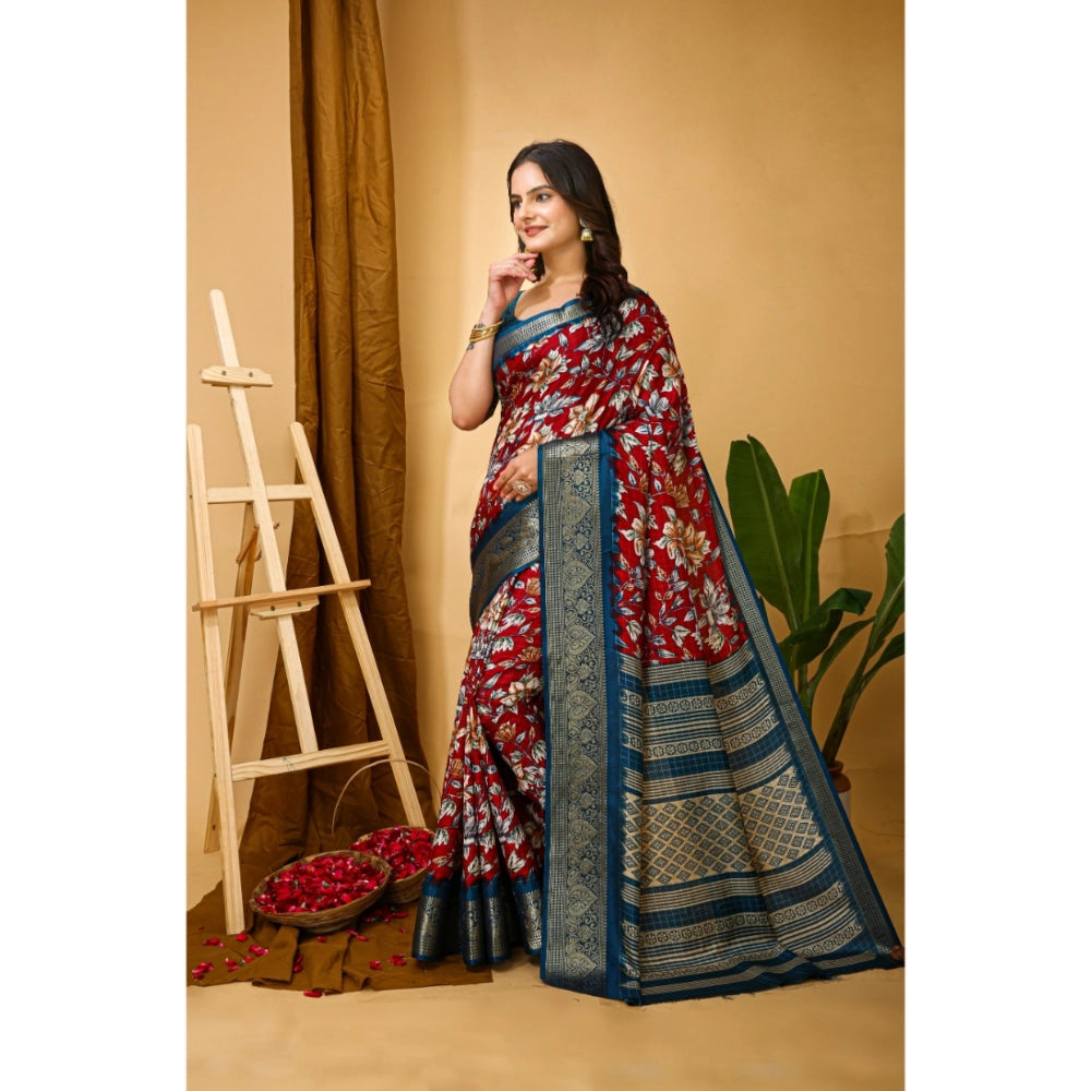 Generic Women's Soft Dola Cotton Kalamkari Printed Saree With Unstitched Blouse 5.5Mtr (Red) Secondary image