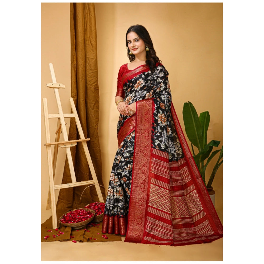 Generic Women's Soft Dola Cotton Kalamkari Printed Saree With Unstitched Blouse 5.5Mtr (Black) Secondary image