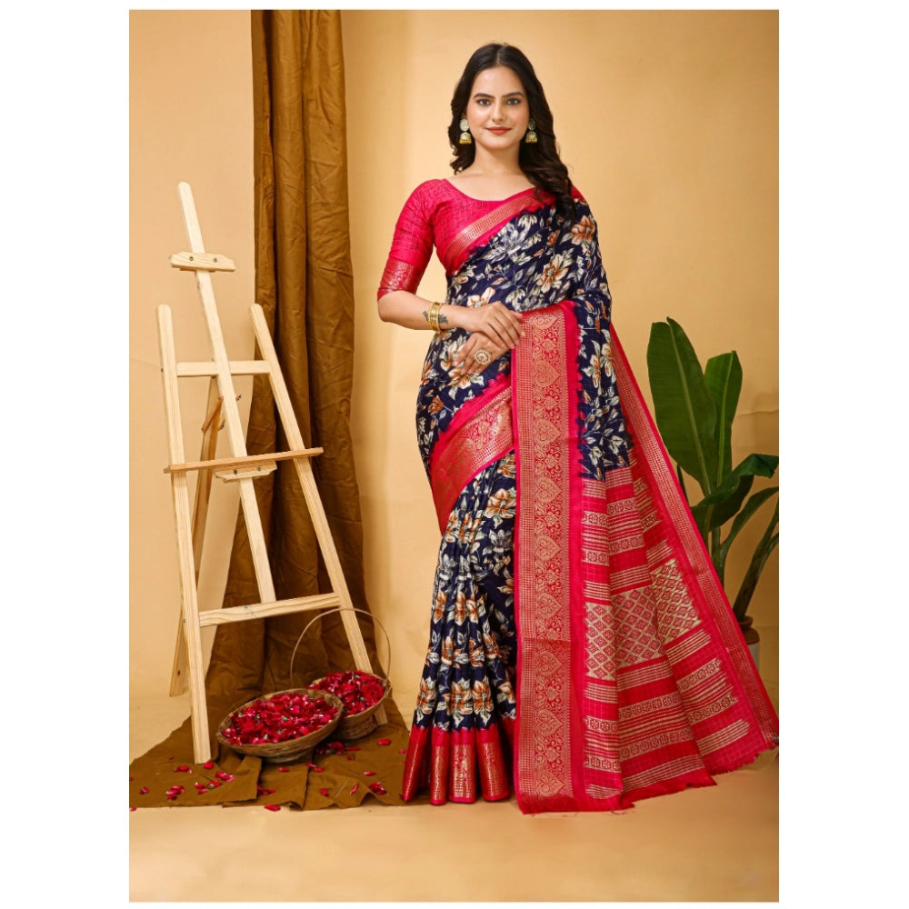 Generic Women's Soft Dola Cotton Kalamkari Printed Saree With Unstitched Blouse 5.5Mtr (Navy Blue) Main image
