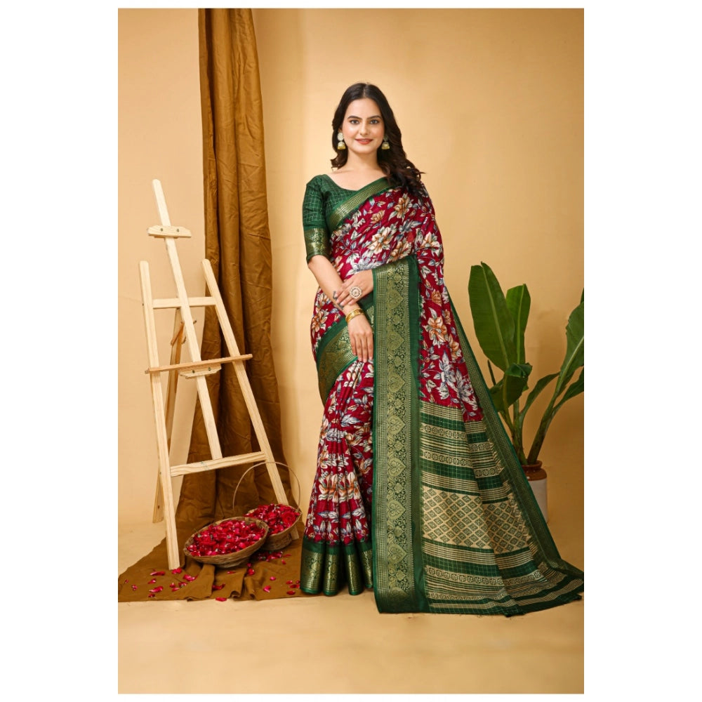 Generic Women's Soft Dola Cotton Kalamkari Printed Saree With Unstitched Blouse 5.5Mtr (Maroon) Secondary image