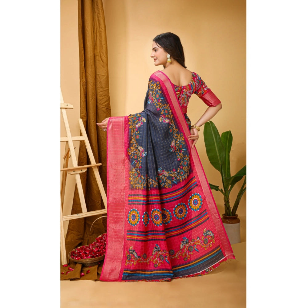 Generic Women's Soft Dola Cotton Kalamkari Printed Saree With Unstitched Blouse 5.5Mtr (Grey)