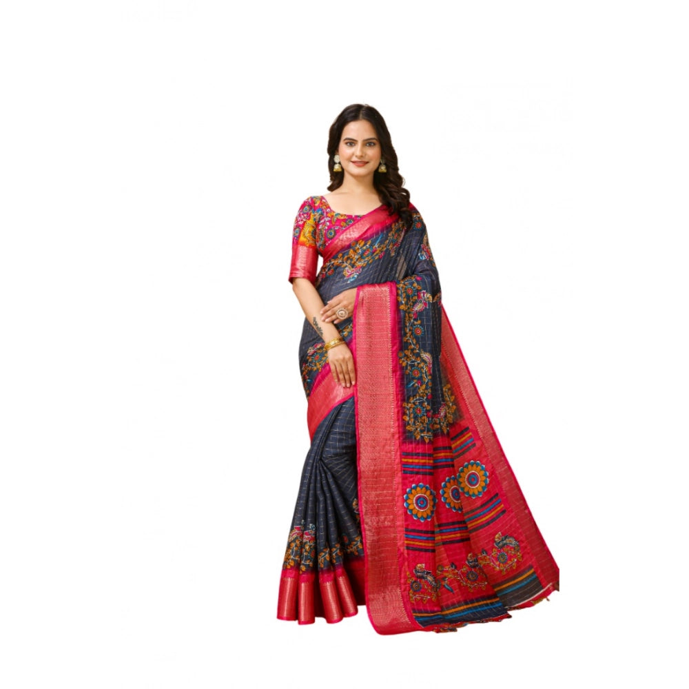 Generic Women's Soft Dola Cotton Kalamkari Printed Saree With Unstitched Blouse 5.5Mtr (Grey) Main image
