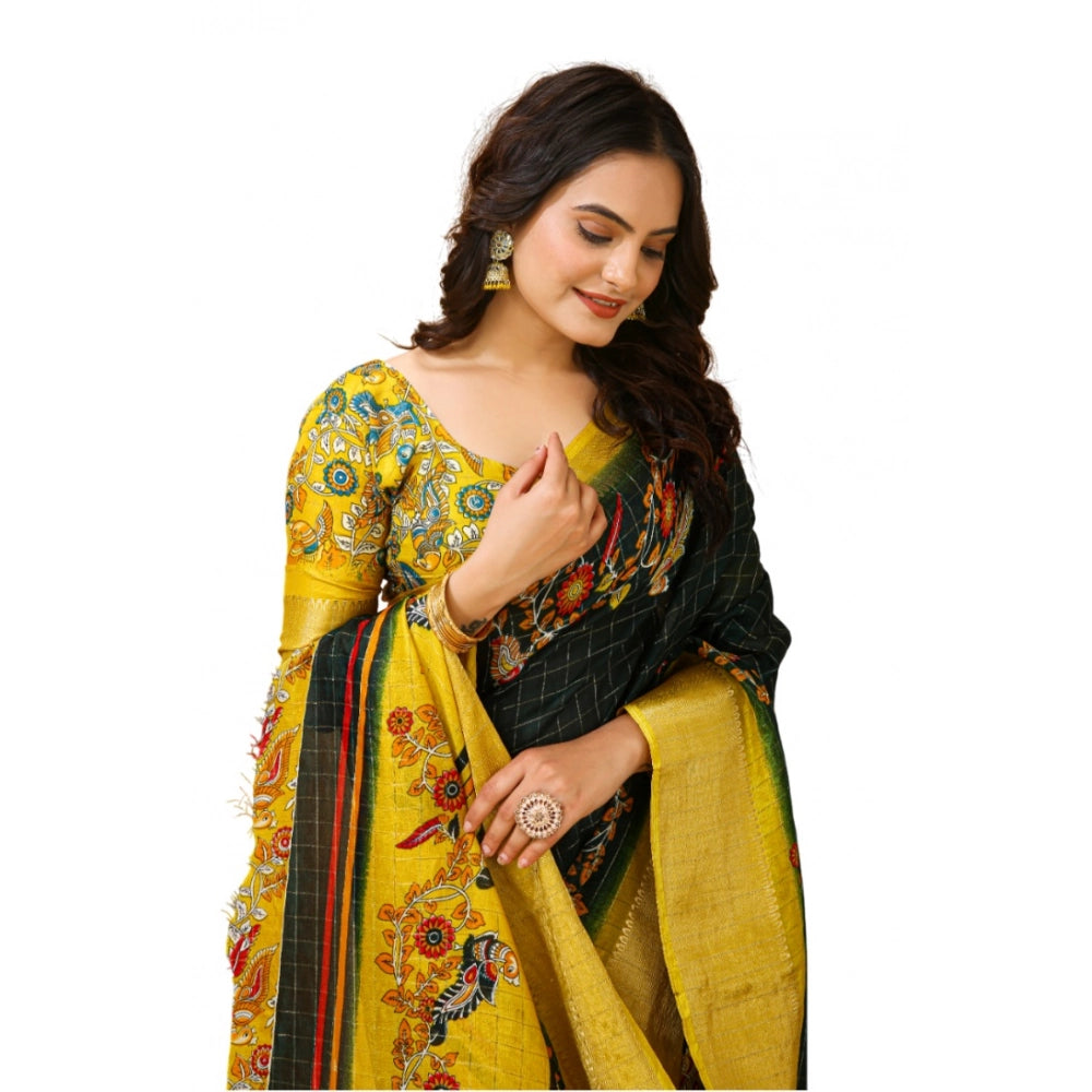 Generic Women's Soft Dola Cotton Kalamkari Printed Saree With Unstitched Blouse 5.5Mtr (Green) Main image
