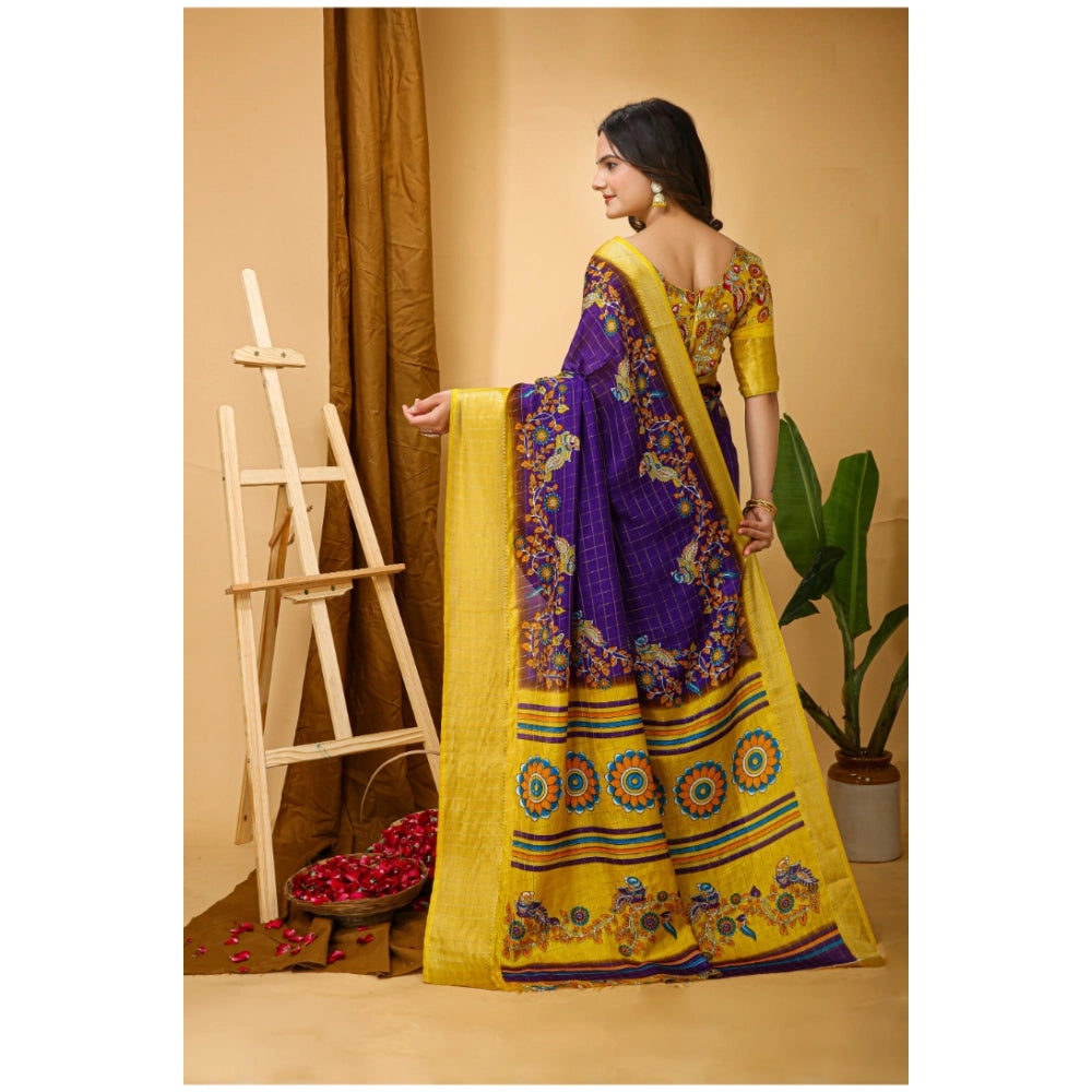Generic Women's Soft Dola Cotton Kalamkari Printed Saree With Unstitched Blouse 5.5Mtr (Purple)