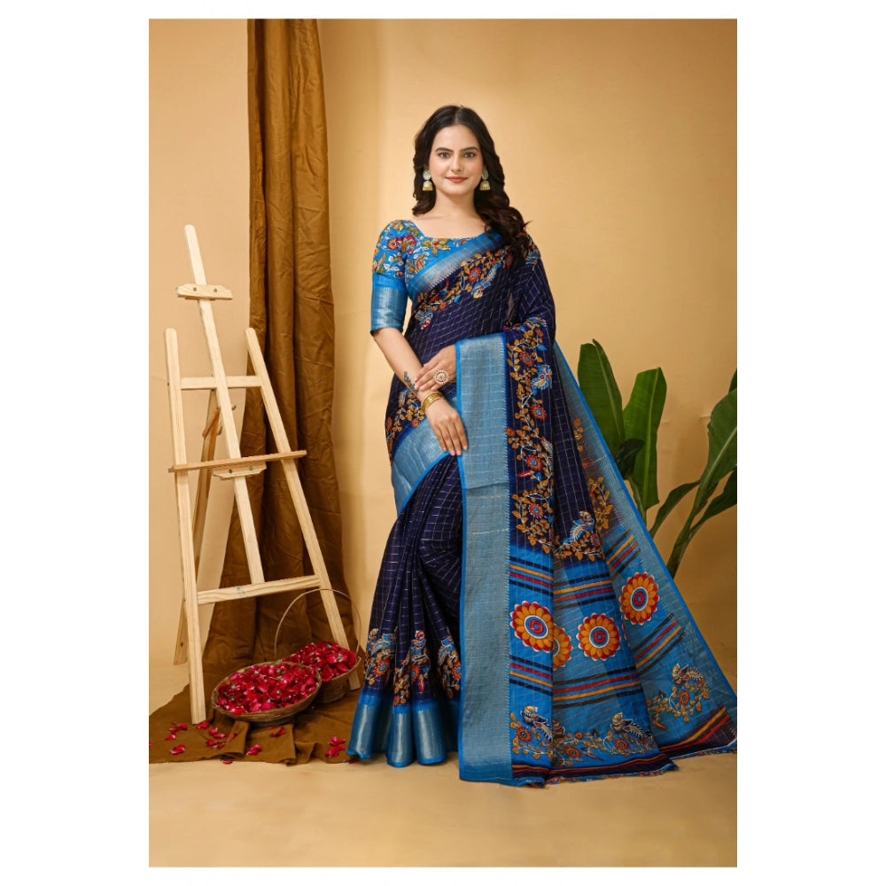 Generic Women's Soft Dola Cotton Kalamkari Printed Saree With Unstitched Blouse 5.5Mtr (Navy Blue) Secondary image