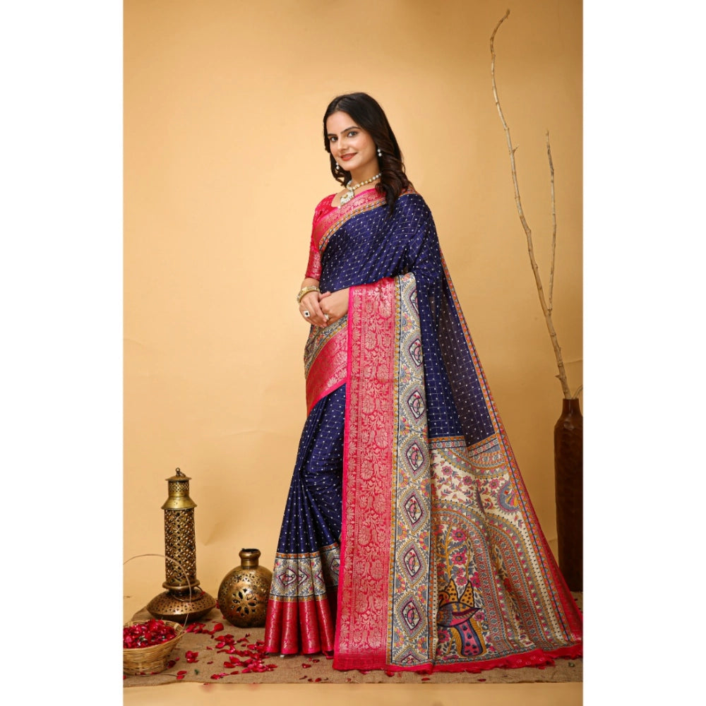 Generic Women's Soft Dola Cotton Kalamkari Printed Saree With Unstitched Blouse 5.5Mtr (Navy Blue) Secondary image