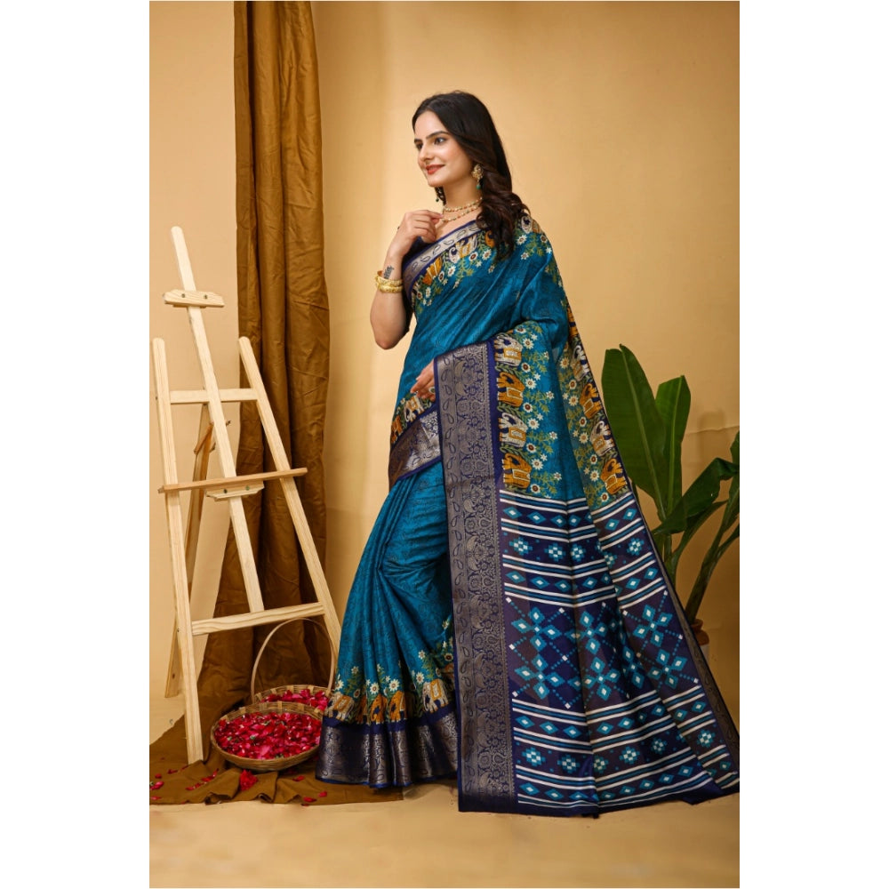 Generic Women's Soft Dola Cotton Kalamkari Printed Saree With Unstitched Blouse 5.5Mtr (Blue) Secondary image