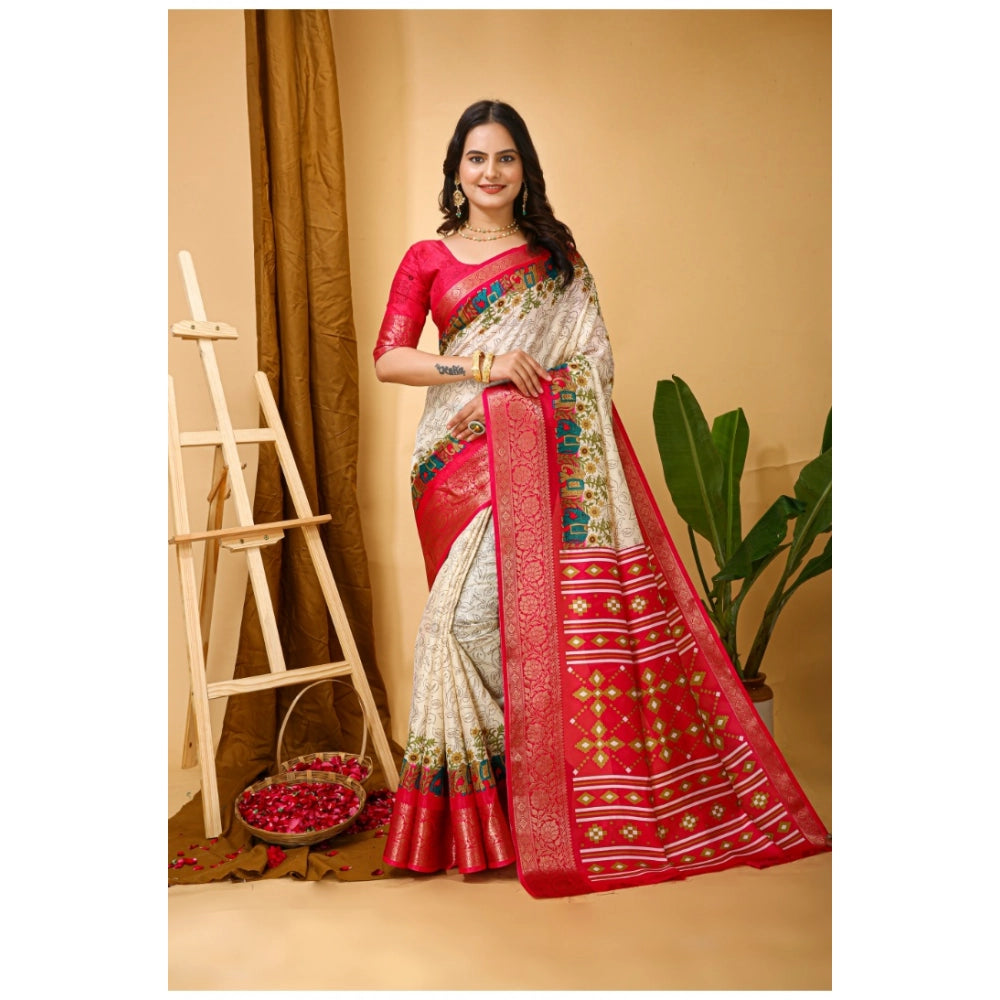 Generic Women's Soft Dola Cotton Kalamkari Printed Saree With Unstitched Blouse 5.5Mtr (White) Main image