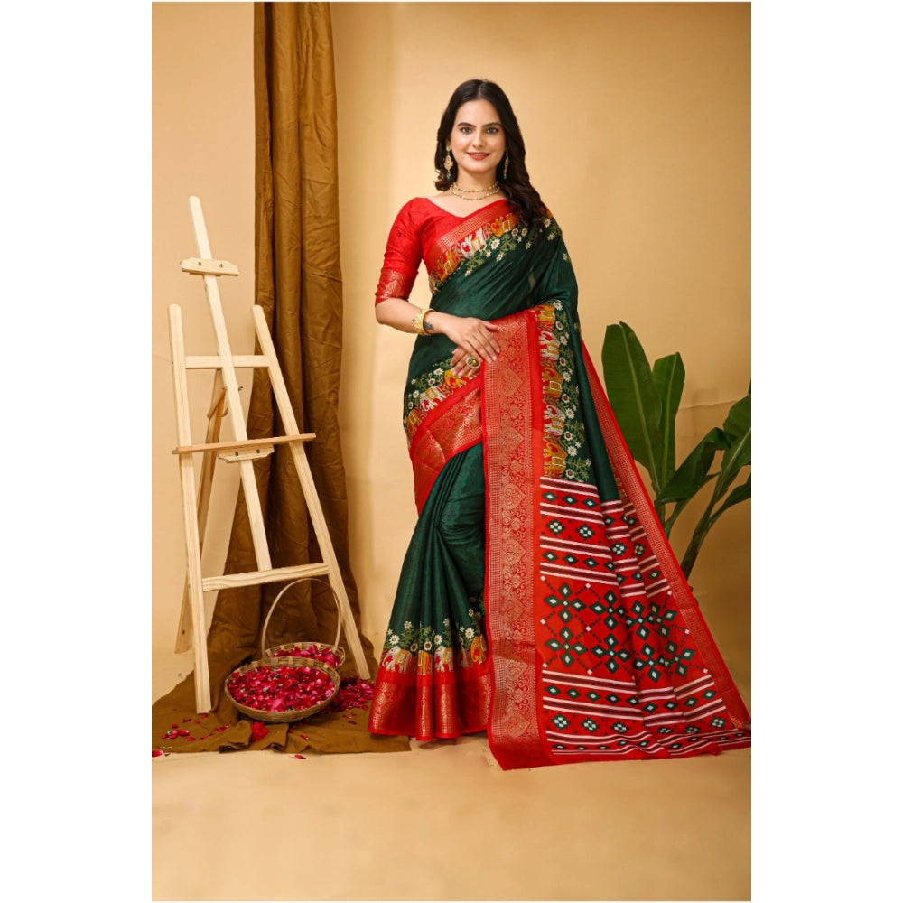 Generic Women's Soft Dola Cotton Kalamkari Printed Saree With Unstitched Blouse 5.5Mtr (Green) Main image