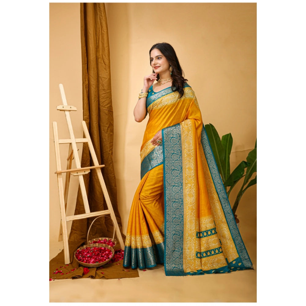 Generic Women's Soft Dola Cotton Kalamkari Printed Saree With Unstitched Blouse 5.5Mtr (Yellow) Secondary image