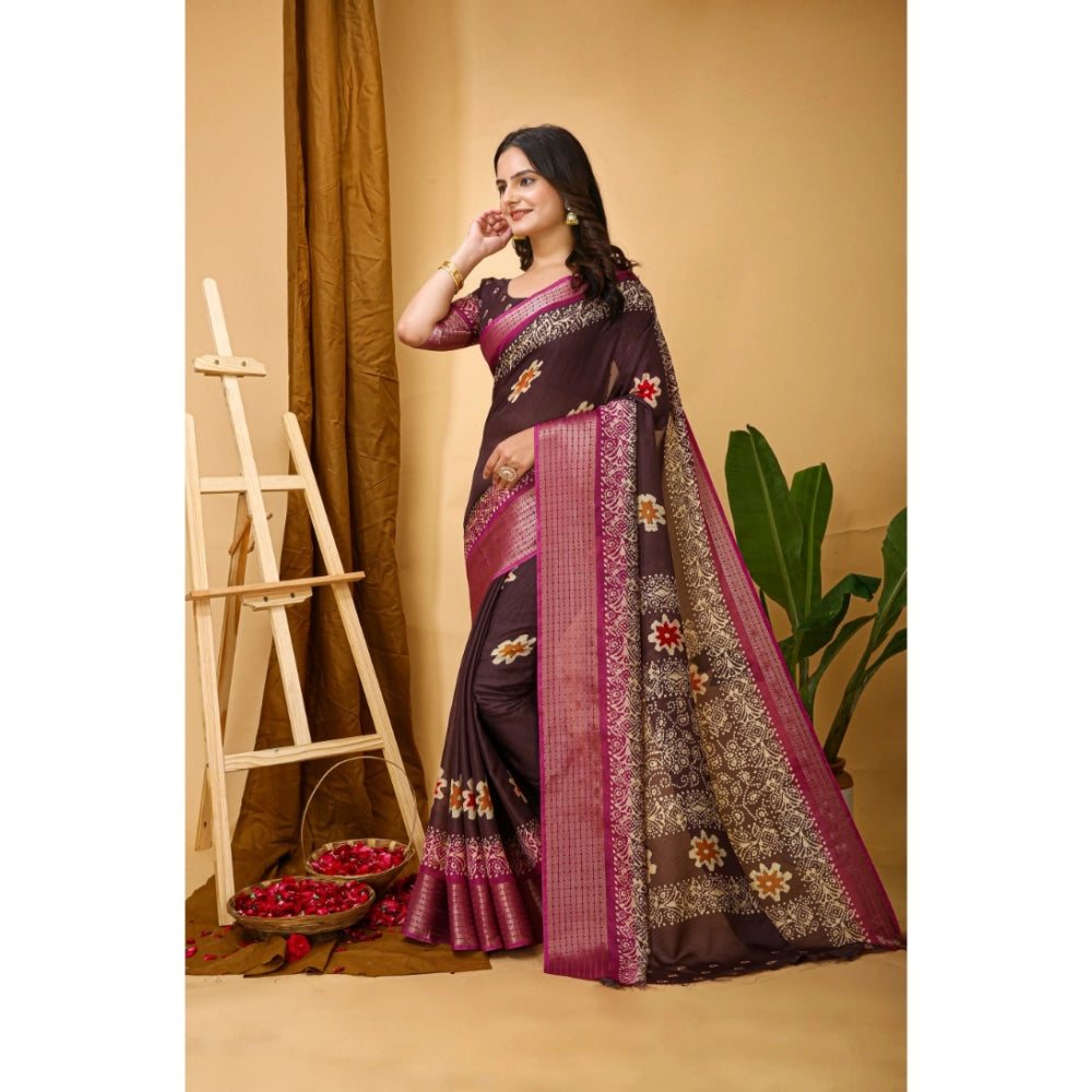 Generic Women's Soft Blooming Marshmallow Fabric Kalamkari Printed Saree With Unstitched Blouse 5.5Mtr (Maroon) Secondary image