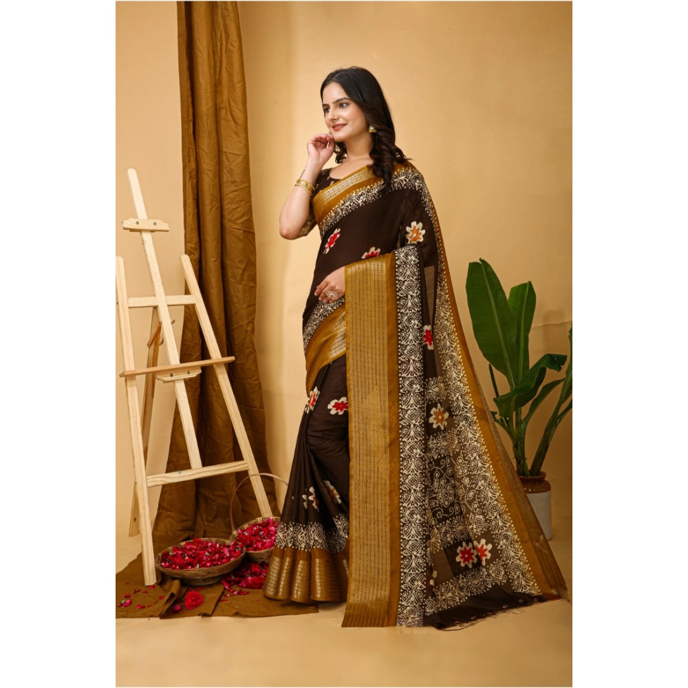 Generic Women's Soft Blooming Marshmallow Fabric Kalamkari Printed Saree With Unstitched Blouse 5.5Mtr (Brown) Secondary image