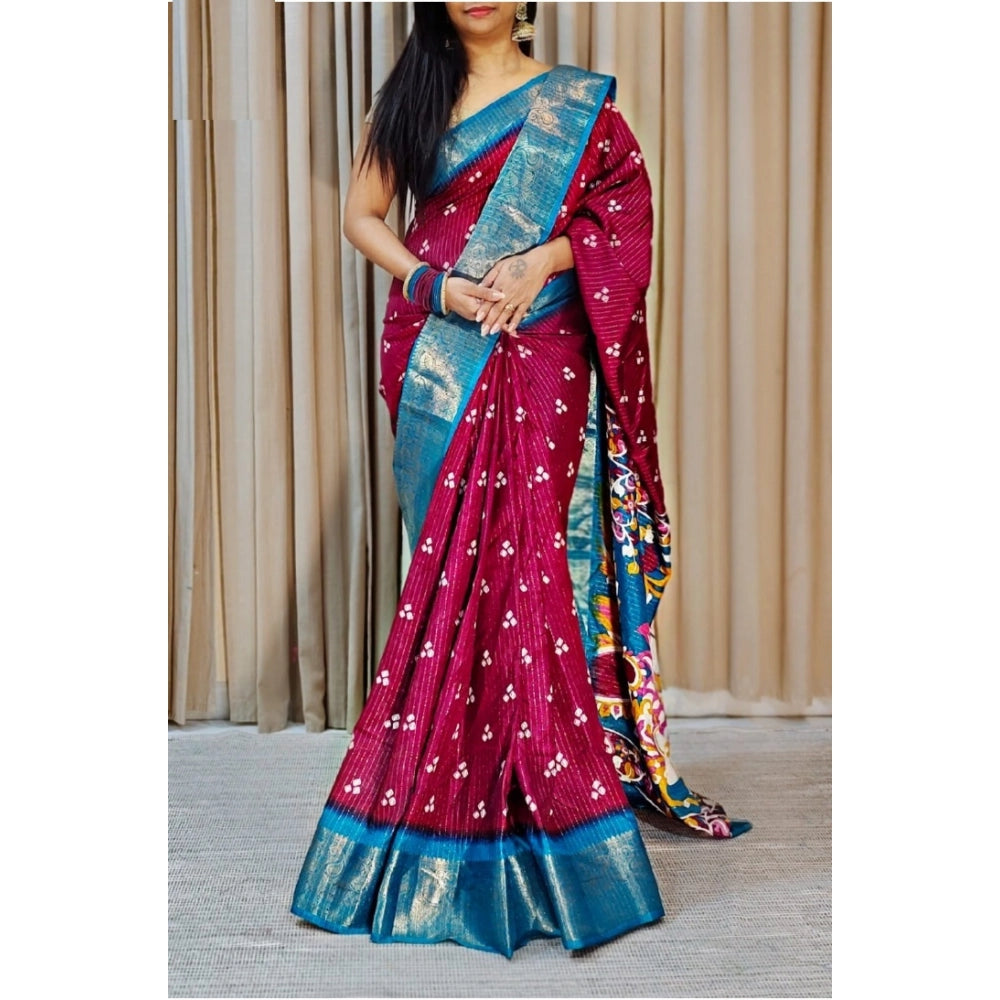 Generic Women's Soft Dola Cotton Kalamkari Printed Saree With Unstitched Blouse 5.5Mtr (Wine) Main image