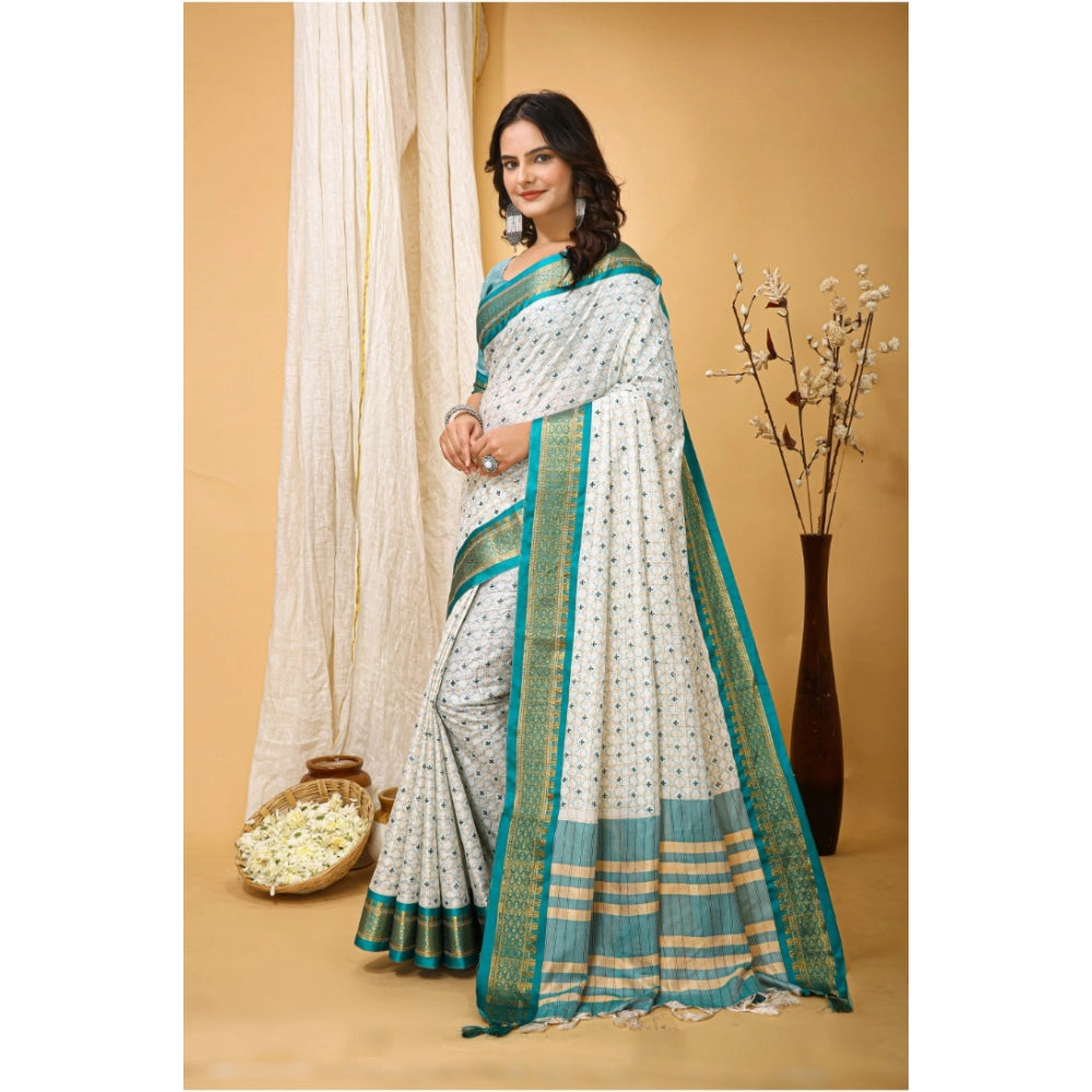 Generic Women's Soft Cotton Silk Printed Saree With Unstitched Blouse 5.5Mtr (Rama Green) Secondary image