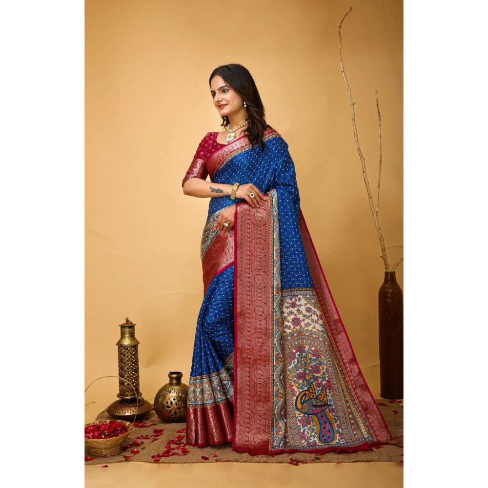 Generic Women's Soft Dola Cotton Kalamkari Printed Saree With Unstitched Blouse 5.5Mtr (Blue) Secondary image
