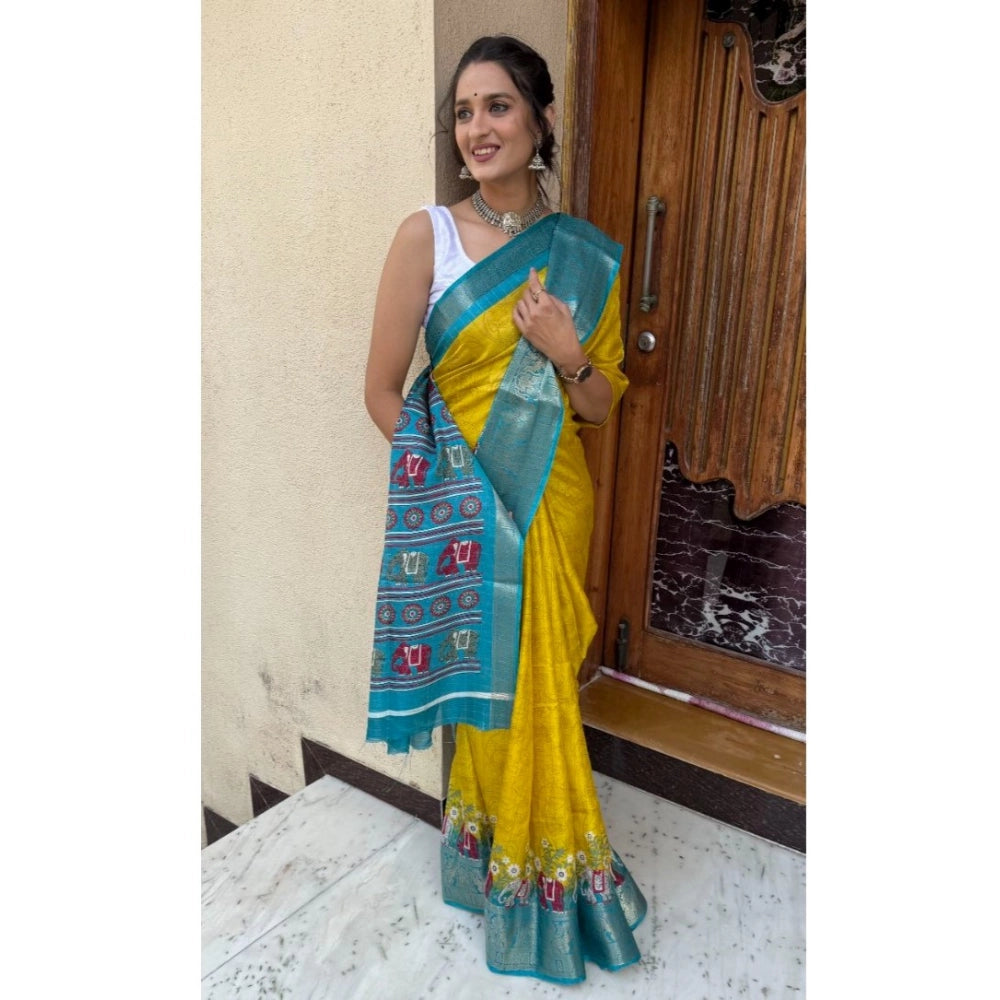 Generic Women's Soft Dola Cotton Kalamkari Printed Saree With Unstitched Blouse 5.5Mtr (Mustard) Secondary image