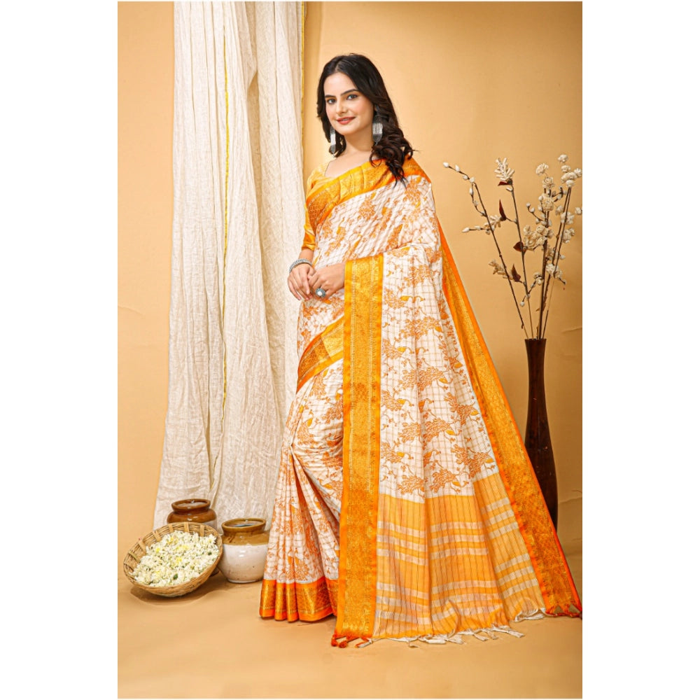Generic Women's Soft Cotton Silk Printed Saree With Unstitched Blouse 5.5Mtr (Yellow) Secondary image