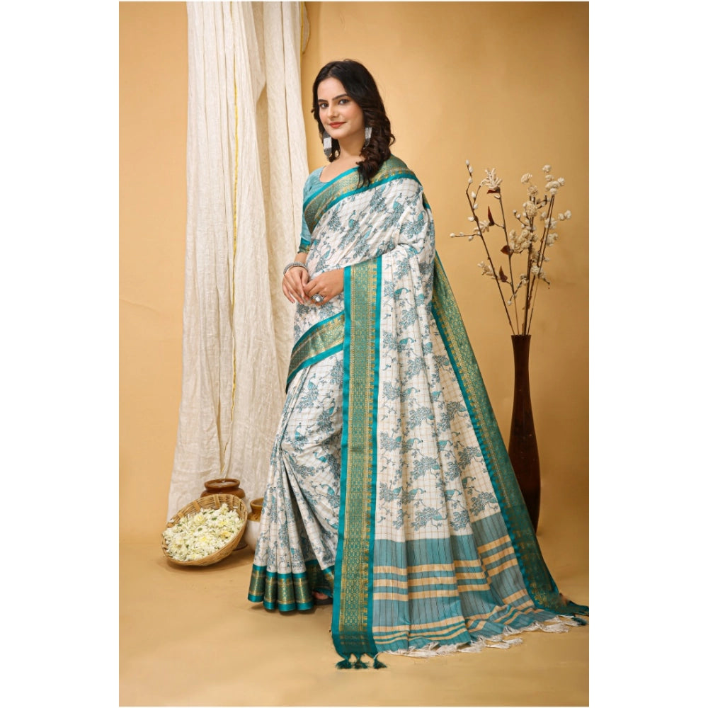 Generic Women's Soft Cotton Silk Printed Saree With Unstitched Blouse 5.5Mtr (Turquoise) Secondary image