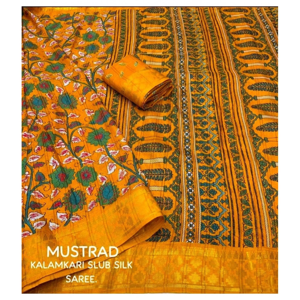 Generic Women's Soft Dola Cotton Kalamkari Printed Saree With Unstitched Blouse 5.5Mtr (Yellow) Secondary image
