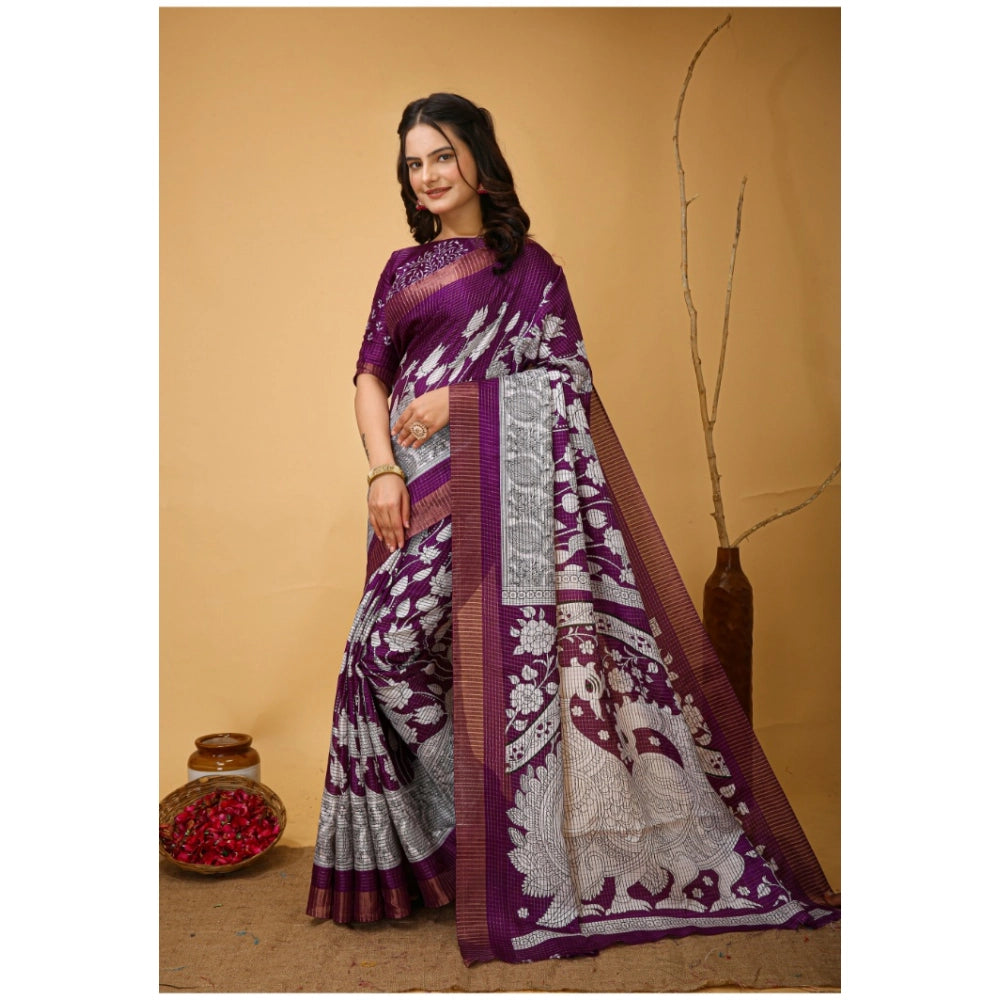 Generic Women's Soft Handloom Cotton Kalamkari Printed Saree With Unstitched Blouse 5.5Mtr (Purple) Secondary image
