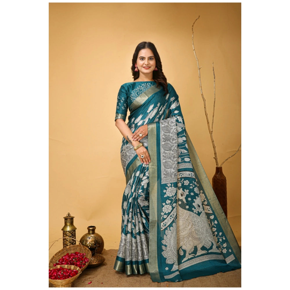 Generic Women's Soft Handloom Cotton Kalamkari Printed Saree With Unstitched Blouse 5.5Mtr (Turquoise) Main image