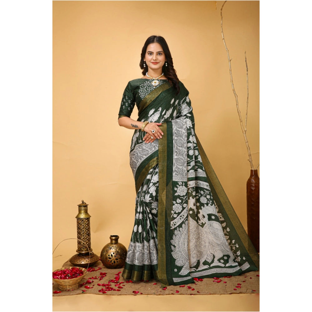 Generic Women's Soft Handloom Cotton Kalamkari Printed Saree With Unstitched Blouse 5.5Mtr (Green) Main image