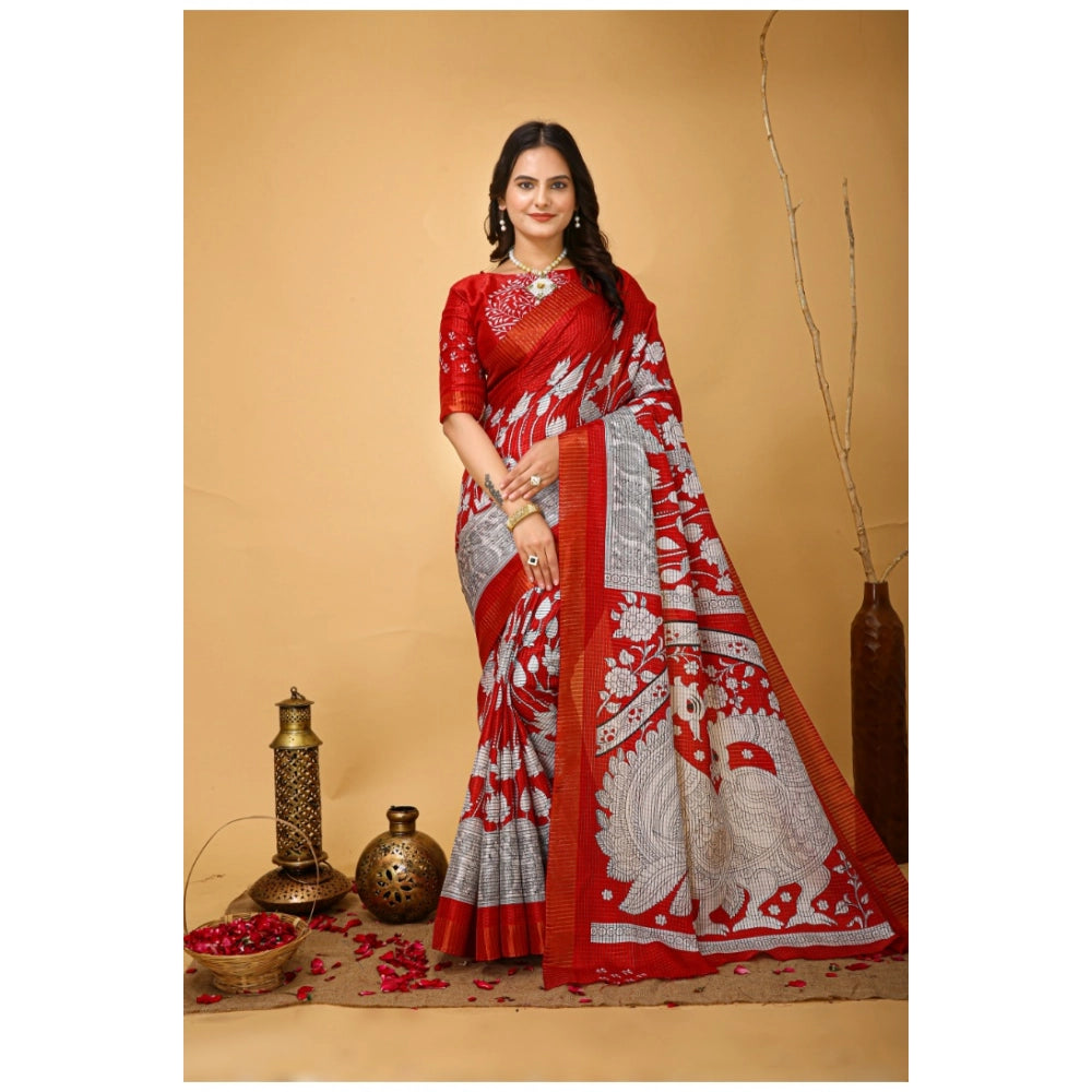 Generic Women's Soft Handloom Cotton Kalamkari Printed Saree With Unstitched Blouse 5.5Mtr (Red) Main image