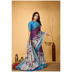 Generic Women's Soft Handloom Cotton Kalamkari Printed Saree With Unstitched Blouse 5.5Mtr (Purple)