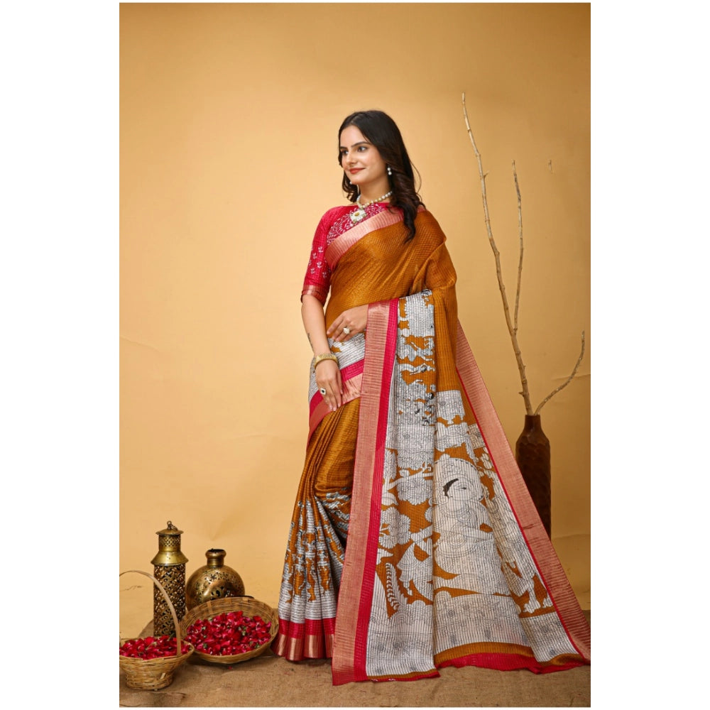 Generic Women's Soft Handloom Cotton Kalamkari Printed Saree With Unstitched Blouse 5.5Mtr (Mustard) Secondary image