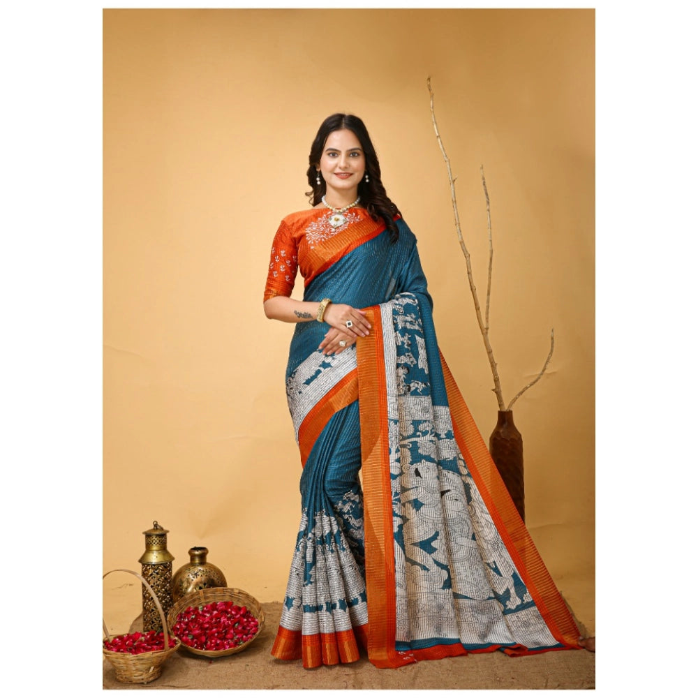Generic Women's Soft Handloom Cotton Kalamkari Printed Saree With Unstitched Blouse 5.5Mtr (Teal Blue) Main image