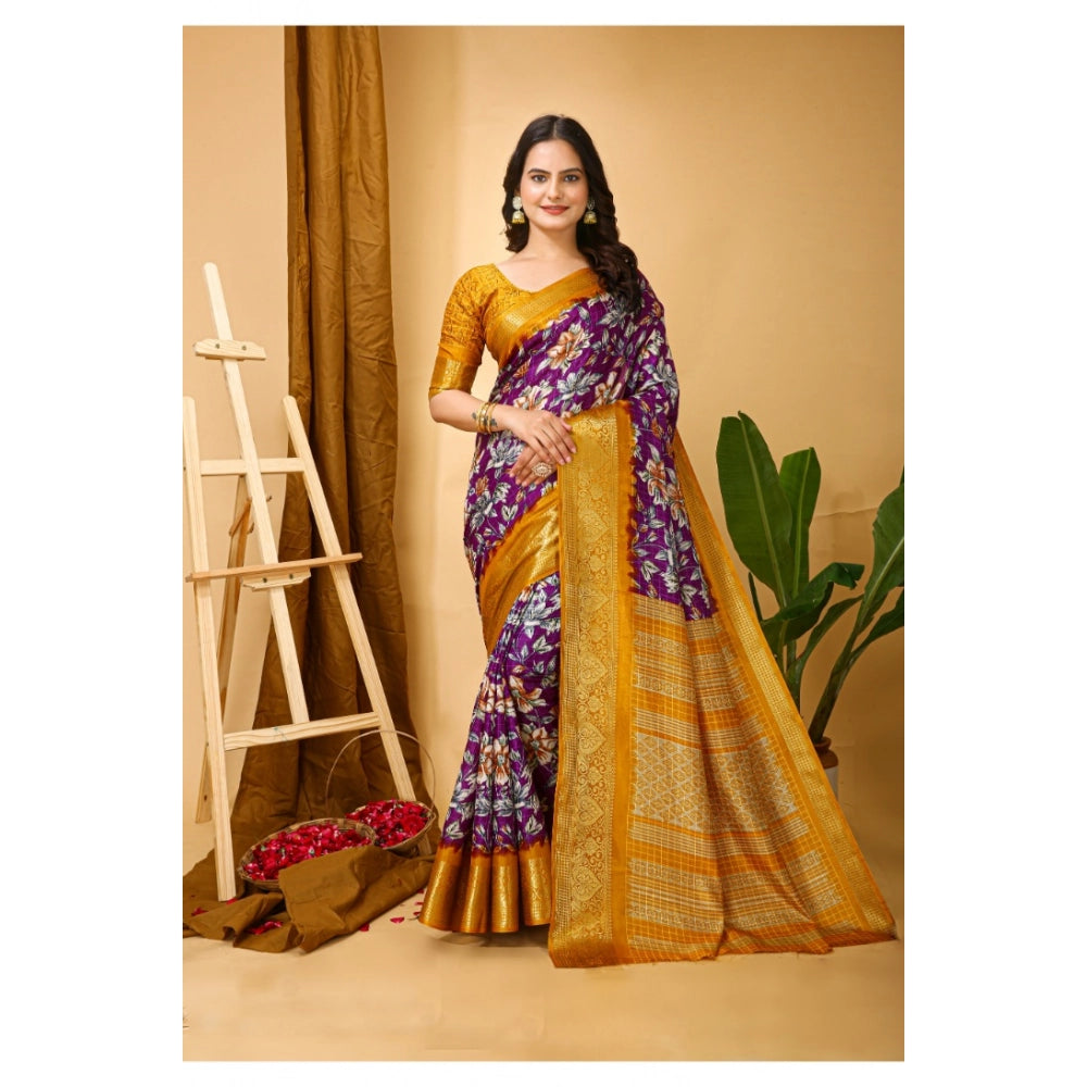 Generic Women's Soft Dola Cotton Kalamkari Printed Saree With Unstitched Blouse 5.5Mtr (Purple) Secondary image