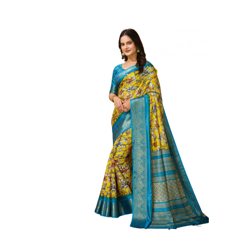 Generic Women's Soft Dola Cotton Kalamkari Printed Saree With Unstitched Blouse 5.5Mtr (Yellow) Main image