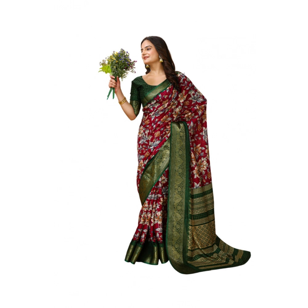 Generic Women's Soft Dola Cotton Kalamkari Printed Saree With Unstitched Blouse 5.5Mtr (Maroon) Main image