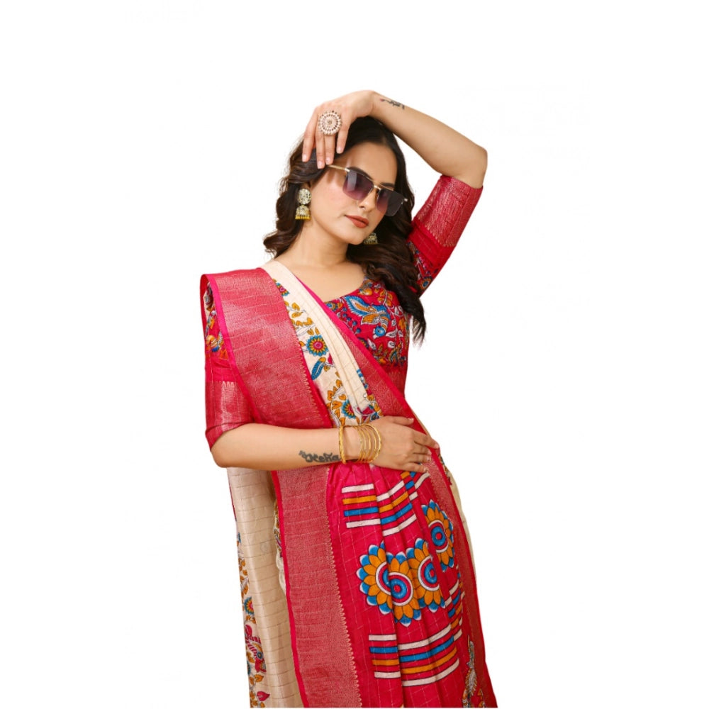 Generic Women's Soft Dola Cotton Kalamkari Printed Saree With Unstitched Blouse 5.5Mtr (Red) Main image