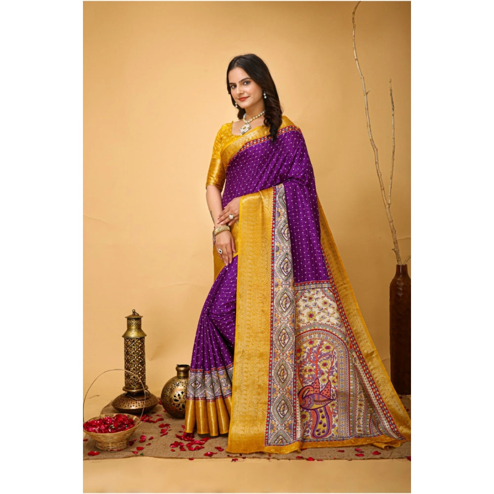 Generic Women's Soft Dola Cotton Kalamkari Printed Saree With Unstitched Blouse 5.5Mtr (Purple) Secondary image