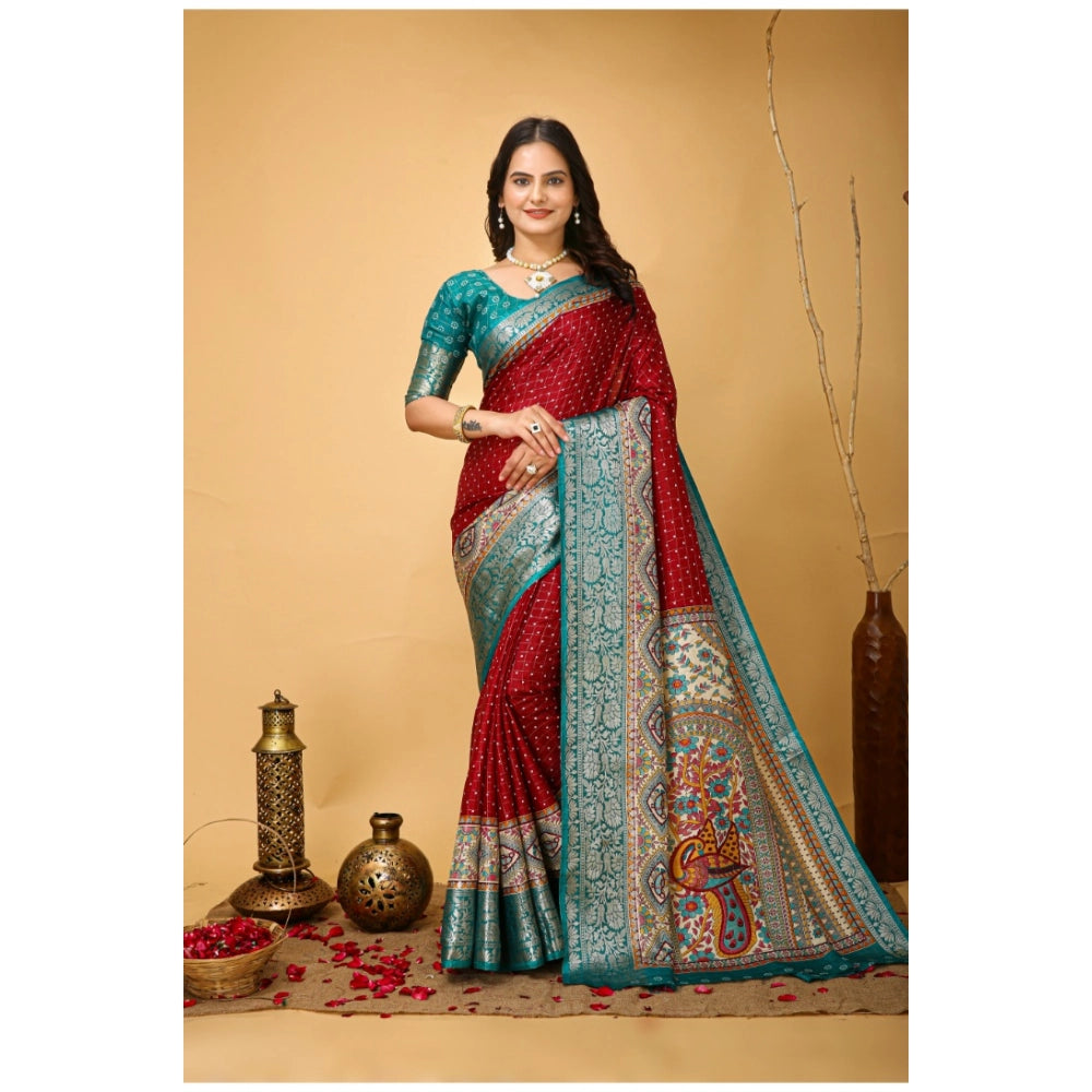 Generic Women's Soft Dola Cotton Kalamkari Printed Saree With Unstitched Blouse 5.5Mtr (Red) Main image