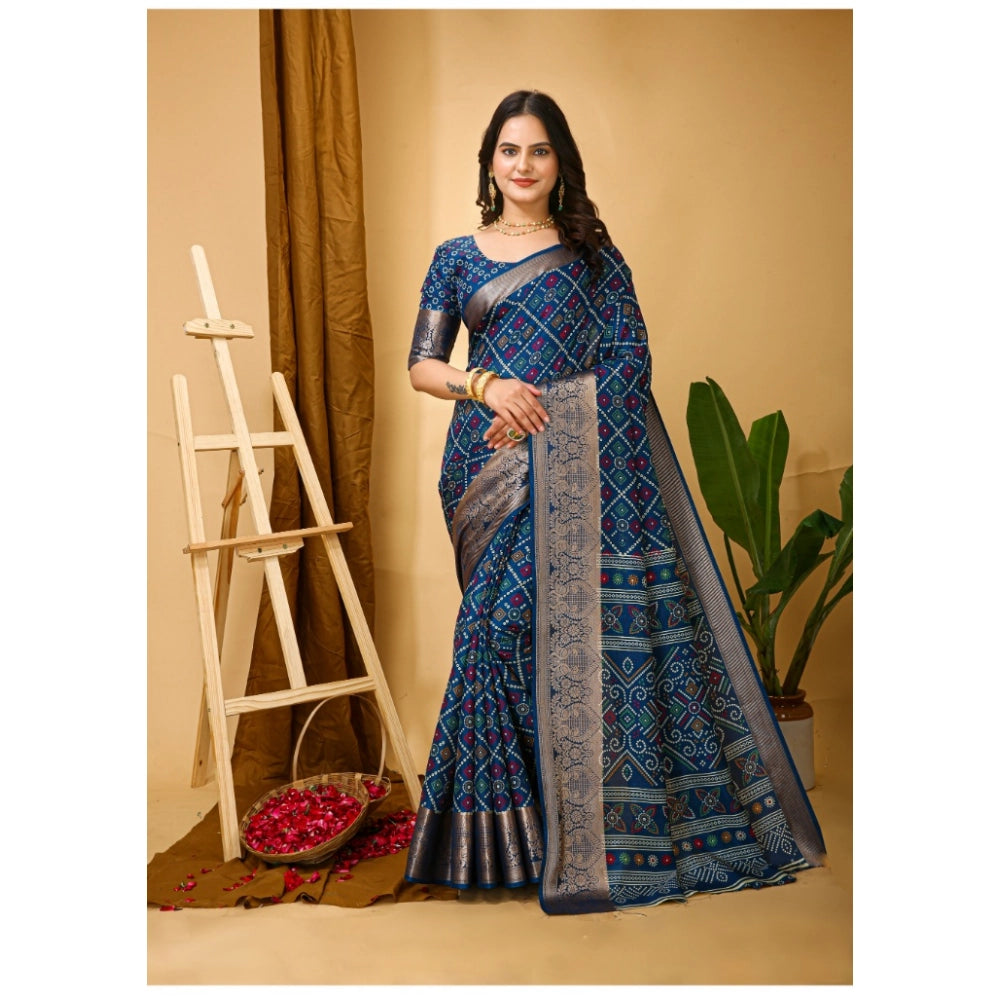 Generic Women's Soft Dola Cotton Kalamkari Printed Saree With Unstitched Blouse 5.5Mtr (Blue) Main image