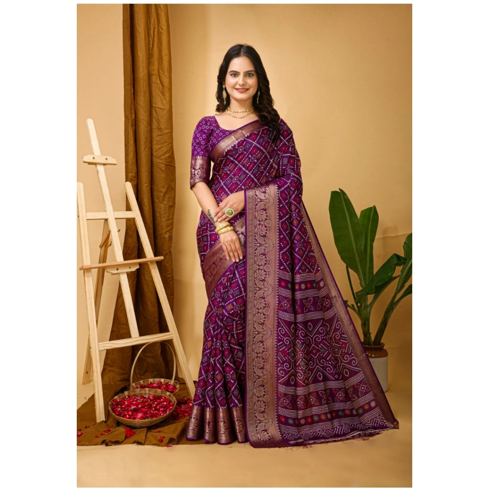 Generic Women's Soft Dola Cotton Kalamkari Printed Saree With Unstitched Blouse 5.5Mtr (Purple) Main image