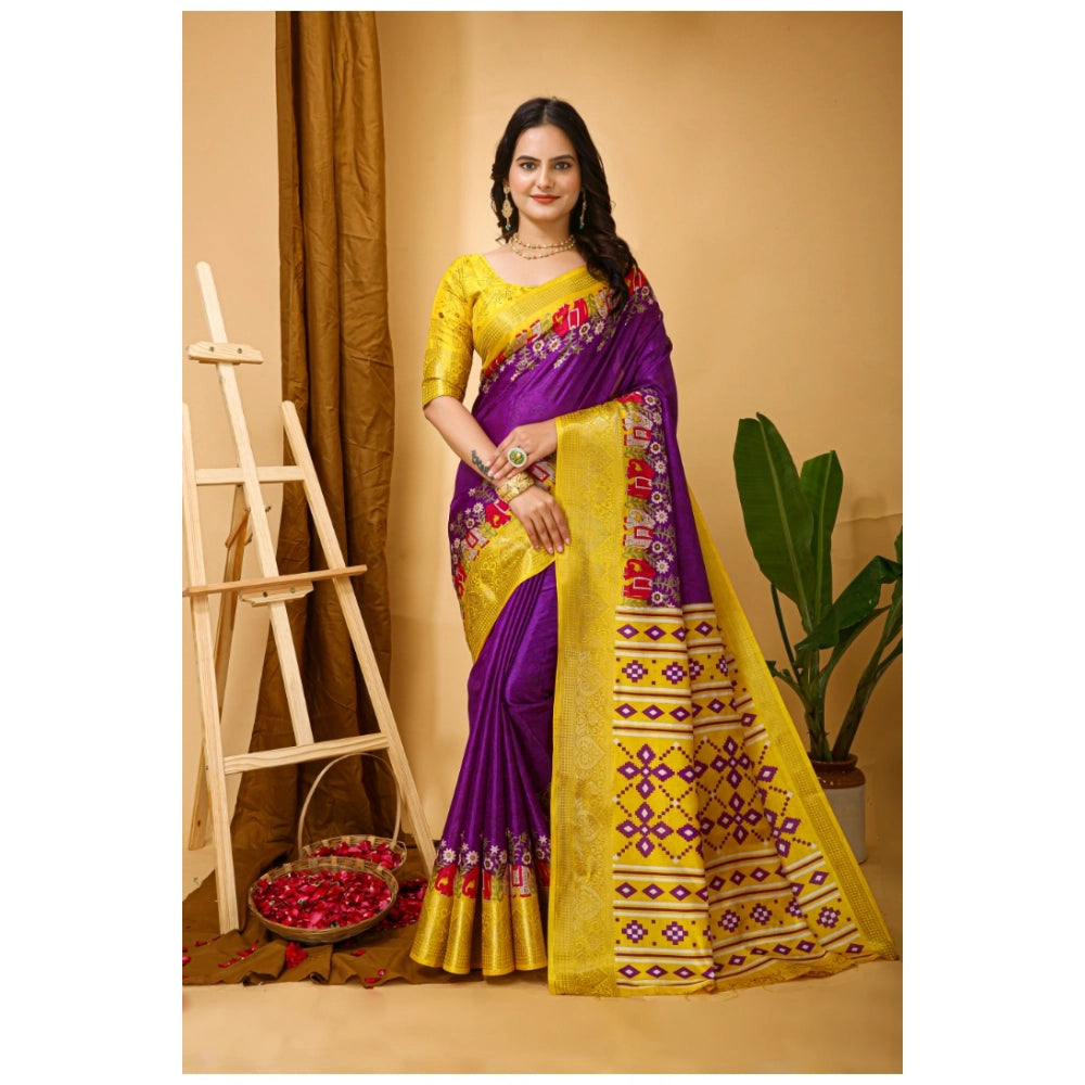 Generic Women's Soft Dola Cotton Kalamkari Printed Saree With Unstitched Blouse 5.5Mtr (Purple) Main image