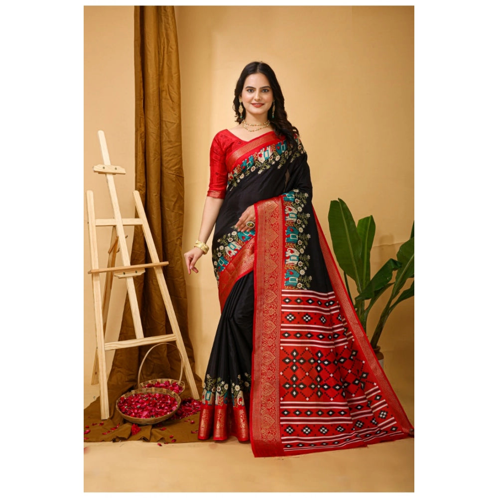 Generic Women's Soft Dola Cotton Kalamkari Printed Saree With Unstitched Blouse 5.5Mtr (Black) Main image
