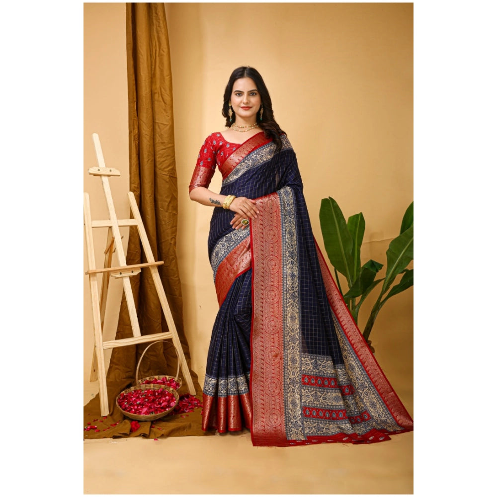 Generic Women's Soft Dola Cotton Kalamkari Printed Saree With Unstitched Blouse 5.5Mtr (Navy Blue) Main image