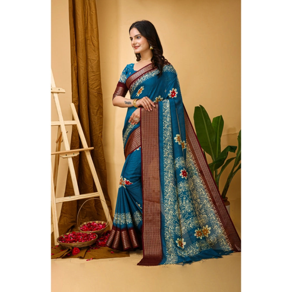 Generic Women's Soft Blooming Marshmallow Fabric Kalamkari Printed Saree With Unstitched Blouse 5.5Mtr (Blue) Secondary image