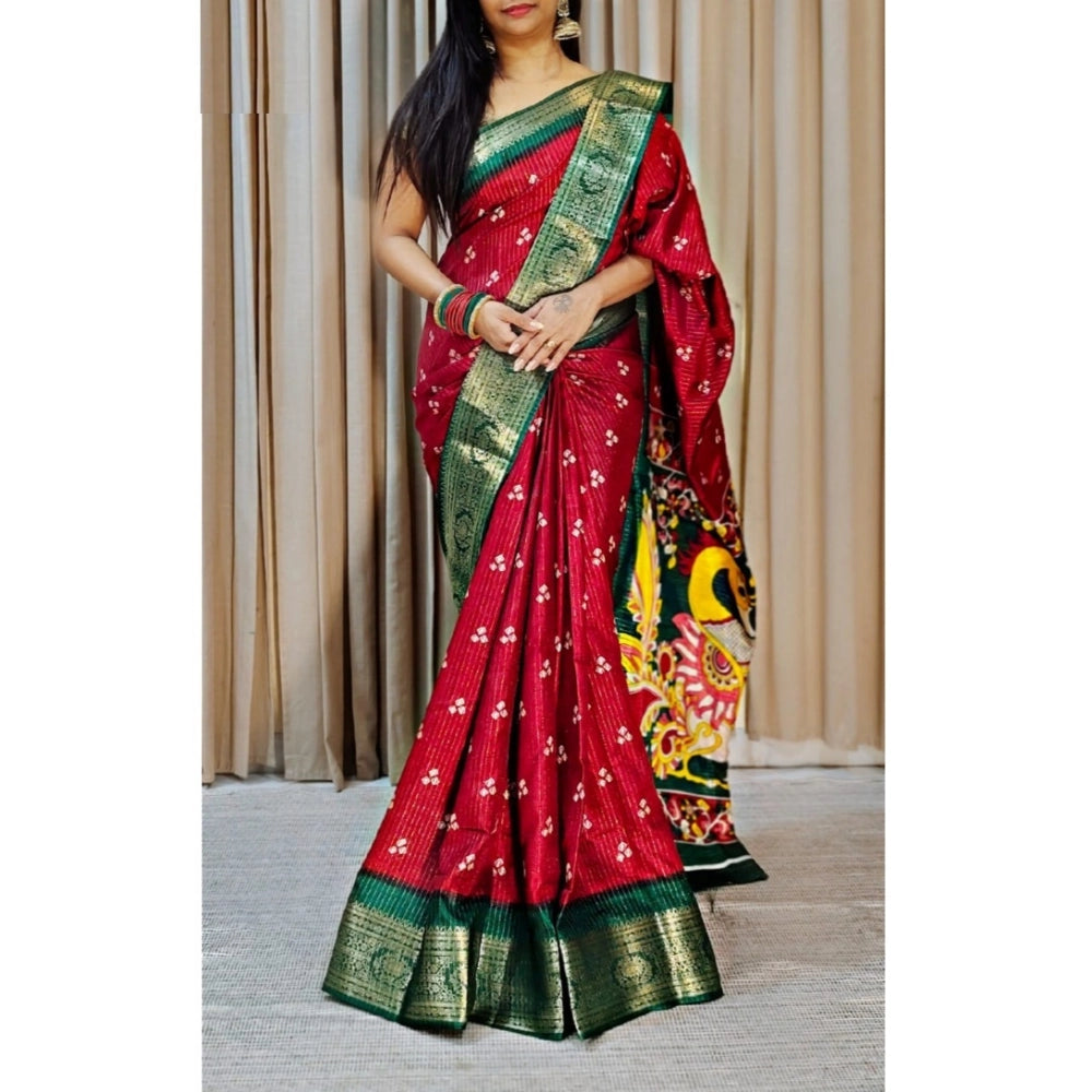 Generic Women's Soft Dola Cotton Kalamkari Printed Saree With Unstitched Blouse 5.5Mtr (Red) Main image