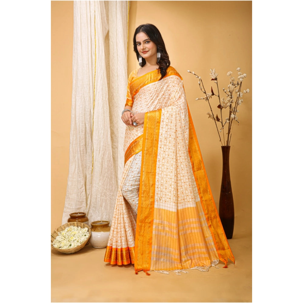 Generic Women's Soft Cotton Silk Printed Saree With Unstitched Blouse 5.5Mtr (Yellow) Secondary image