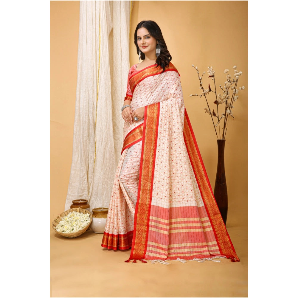 Generic Women's Soft Cotton Silk Printed Saree With Unstitched Blouse 5.5Mtr (Red) Secondary image