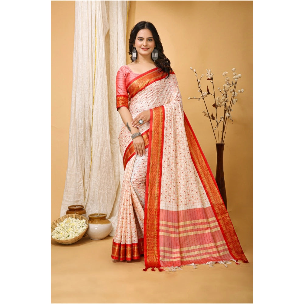 Generic Women's Soft Cotton Silk Printed Saree With Unstitched Blouse 5.5Mtr (Red) Main image