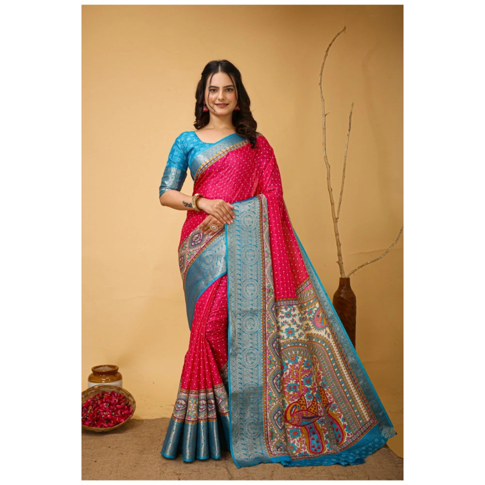 Generic Women's Soft Dola Cotton Kalamkari Printed Saree With Unstitched Blouse 5.5Mtr (Pink) Main image