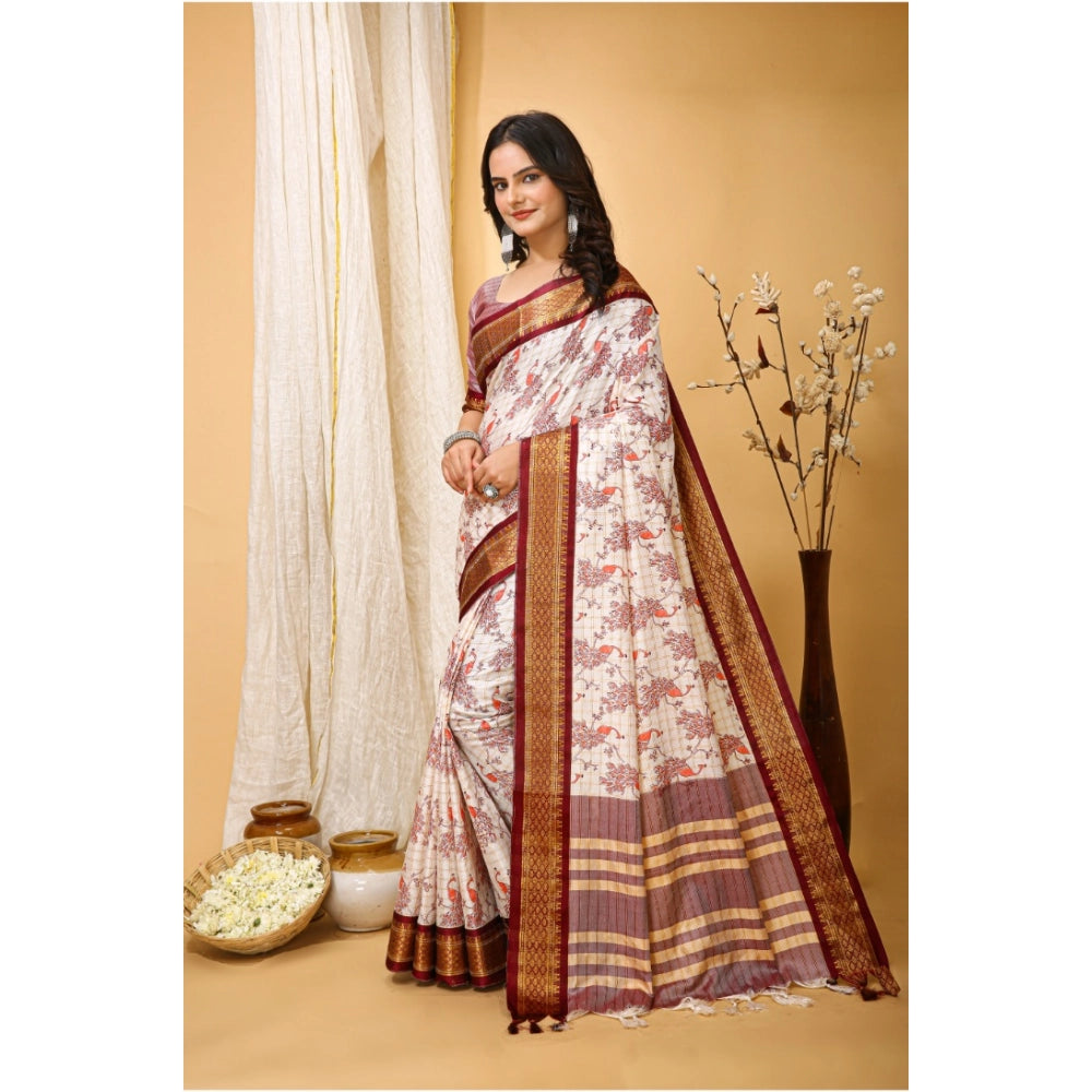 Generic Women's Soft Cotton Silk Printed Saree With Unstitched Blouse 5.5Mtr (Maroon) Secondary image